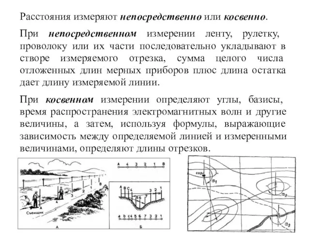 Расстояния измеряют непосредственно или косвенно. При непосредственном измерении ленту, рулетку,