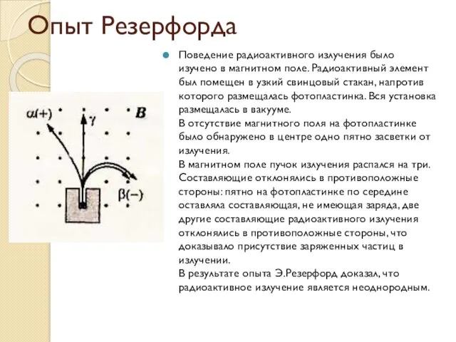 Опыт Резерфорда Поведение радиоактивного излучения было изучено в магнитном поле.