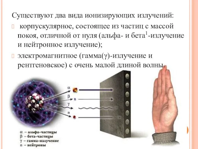 Существуют два вида ионизирующих излучений: корпускулярное, состоящее из частиц с