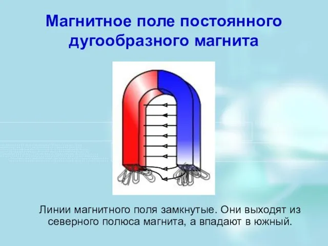 Магнитное поле постоянного дугообразного магнита Линии магнитного поля замкнутые. Они