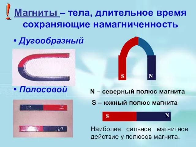 Магниты – тела, длительное время сохраняющие намагниченность Дугообразный Полосовой S