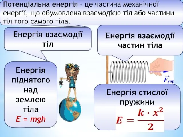 Енергія взаємодії тіл Енергія піднятого над землею тіла E = mgh Енергія взаємодії