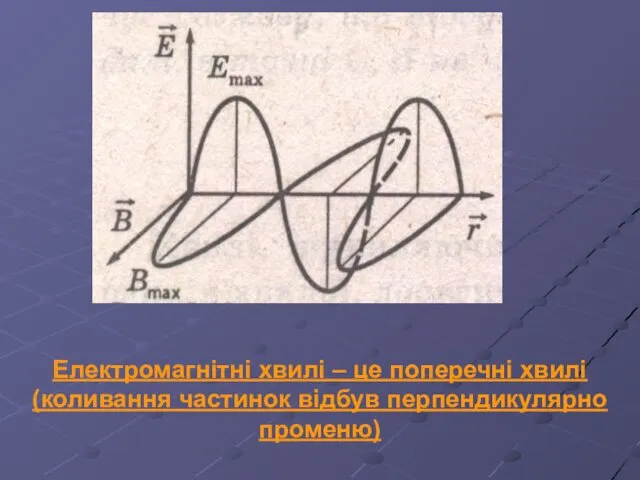 Електромагнітні хвилі – це поперечні хвилі (коливання частинок відбув перпендикулярно променю)