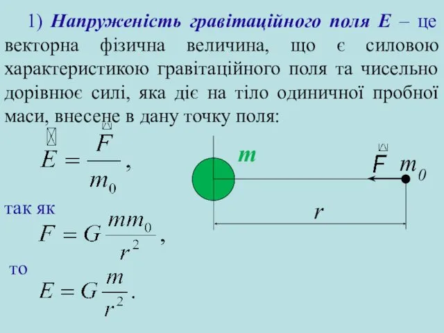 1) Напруженість гравітаційного поля Е – це векторна фізична величина,