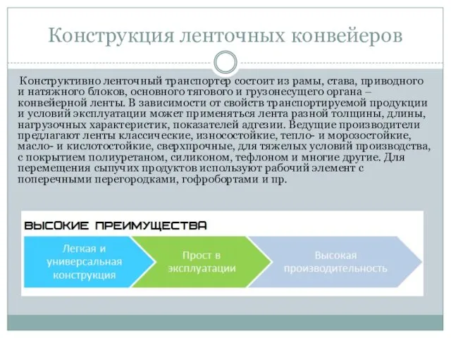 Конструкция ленточных конвейеров Конструктивно ленточный транспортер состоит из рамы, става,