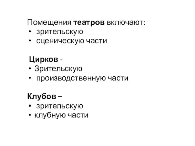 Помещения театров включают: зрительскую сценическую части Цирков - Зрительскую производственную части Клубов – зрительскую клубную части