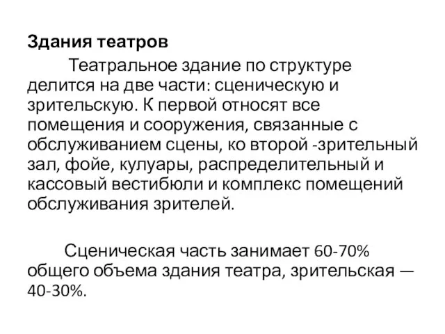 Здания театров Театральное здание по структуре делится на две части: