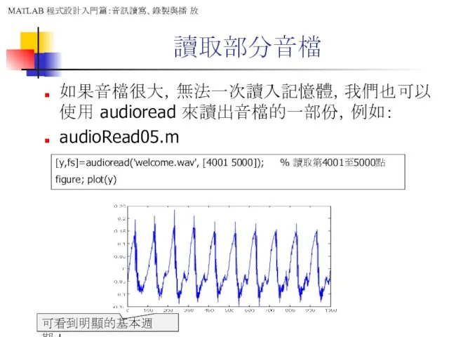 讀取部分音檔 如果音檔很大，無法一次讀入記憶體，我們也可以使用 audioread 來讀出音檔的一部份，例如： audioRead05.m [y,fs]=audioread('welcome.wav', [4001 5000]); % 讀取第4001至5000點 figure; plot(y) 可看到明顯的基本週期！