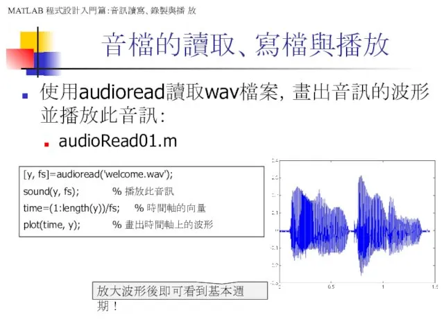 音檔的讀取、寫檔與播放 使用audioread讀取wav檔案，畫出音訊的波形並播放此音訊： audioRead01.m [y, fs]=audioread('welcome.wav'); sound(y, fs); % 播放此音訊 time=(1:length(y))/fs;