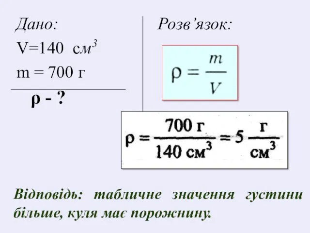 Дано: Розв’язок: V=140 см3 m = 700 г ρ -