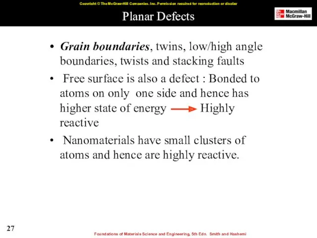 Planar Defects Grain boundaries, twins, low/high angle boundaries, twists and