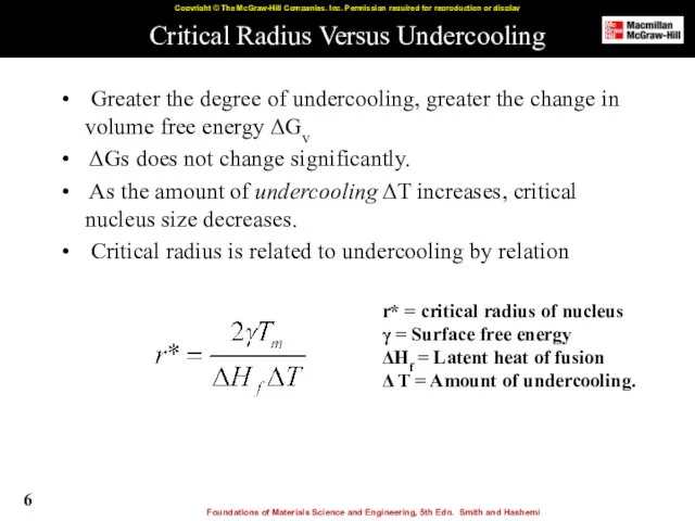 Critical Radius Versus Undercooling Greater the degree of undercooling, greater