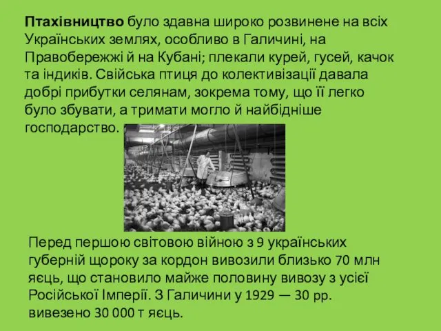 Птахівництво було здавна широко розвинене на всіх Українських землях, особливо