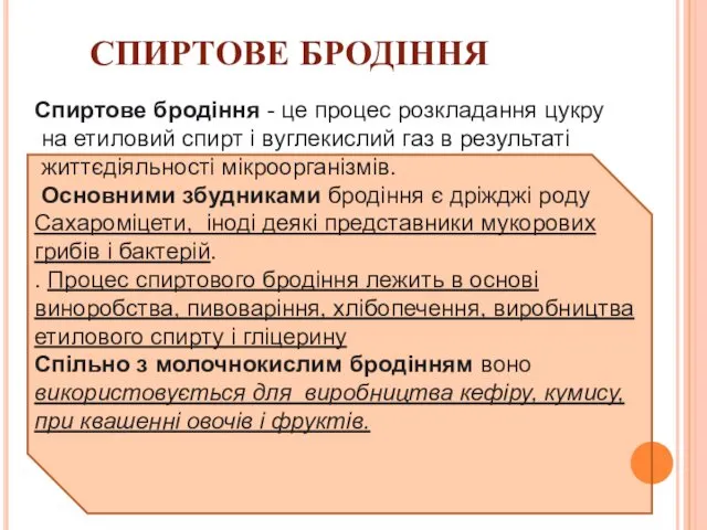 СПИРТОВЕ БРОДІННЯ Спиртове бродіння - це процес розкладання цукру на