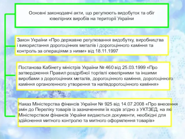 Основні законодавчі акти, що регулюють видобуток та обіг ювелірних виробів на території України