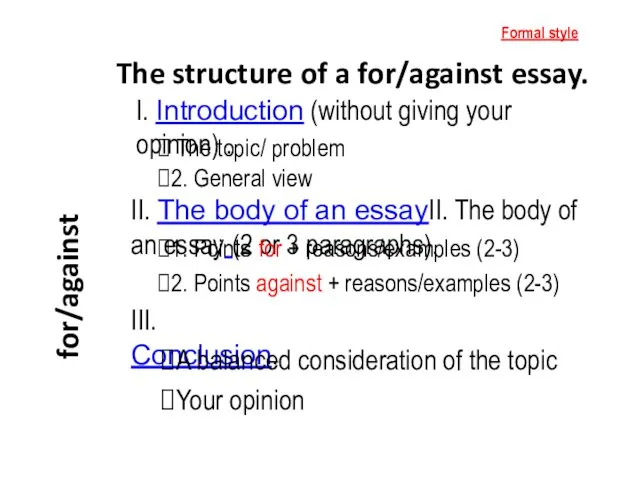 The structure of a for/against essay. I. Introduction (without giving