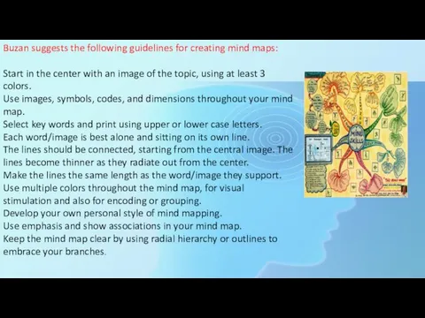 Buzan suggests the following guidelines for creating mind maps: Start
