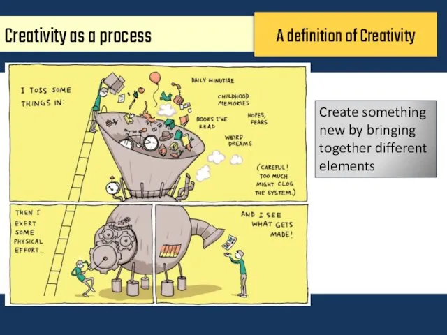 Creativity as a process A definition of Creativity Create something new by bringing together different elements