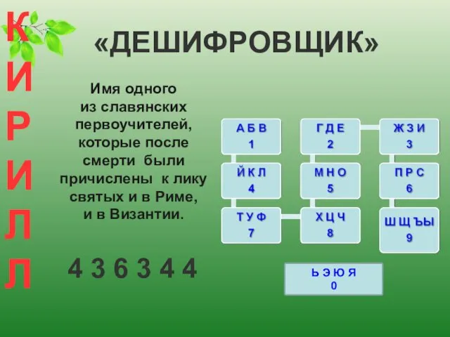 «ДЕШИФРОВЩИК» Ь Э Ю Я 0 Имя одного из славянских