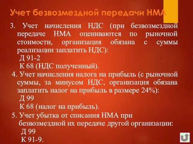 Учет безвозмездной передачи НМА 5. Учет убытка от списания НМА