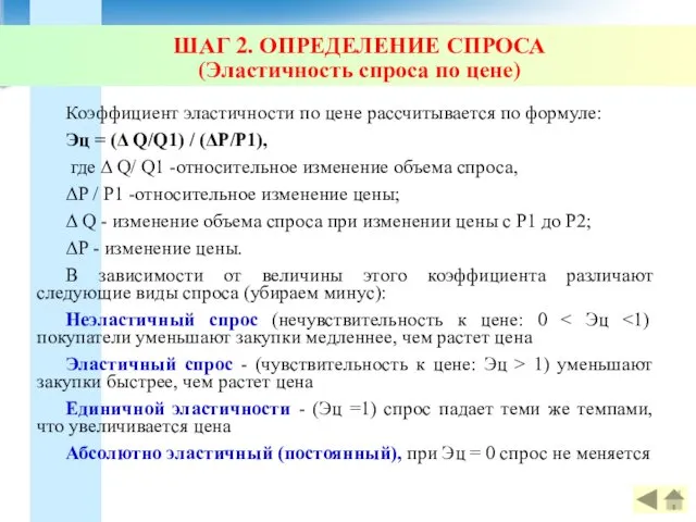 ШАГ 2. ОПРЕДЕЛЕНИЕ СПРОСА (Эластичность спроса по цене) Коэффициент эластичности