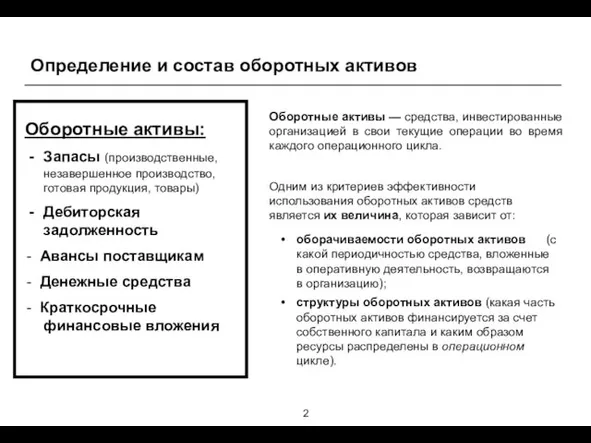 Определение и состав оборотных активов Оборотные активы: Запасы (производственные, незавершенное