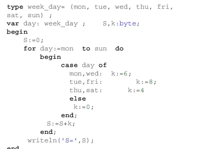 type week_day= (mon, tue, wed, thu, fri, sat, sun) ; var day: week_day