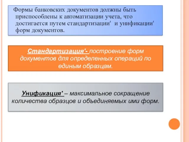 Формы банковских документов должны быть приспособлены к автоматизации учета, что