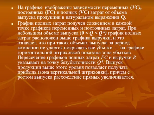 На графике изображены зависимости переменных (VC), постоянных (FC) и полных