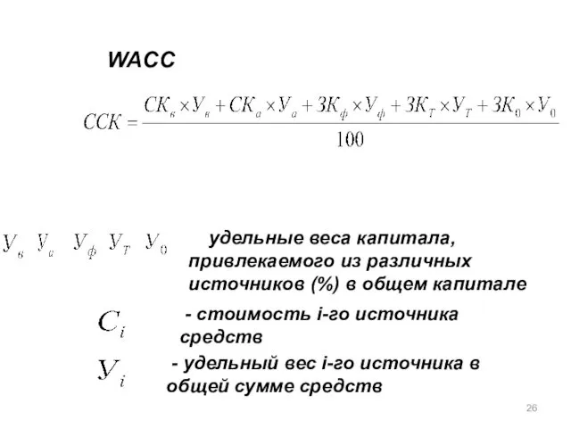 WACC - удельные веса капитала, привлекаемого из различных источников (%)