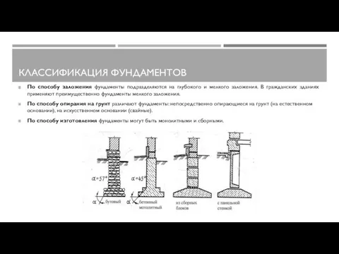 КЛАССИФИКАЦИЯ ФУНДАМЕНТОВ По способу заложения фундаменты подразделяются на глубокого и