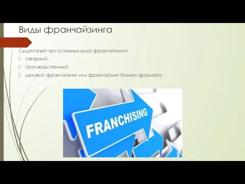 Виды франчайзинга Существуют три основных вида франчайзинга: товарный, производственный деловой франчайзинг или франчайзинг бизнес-формата