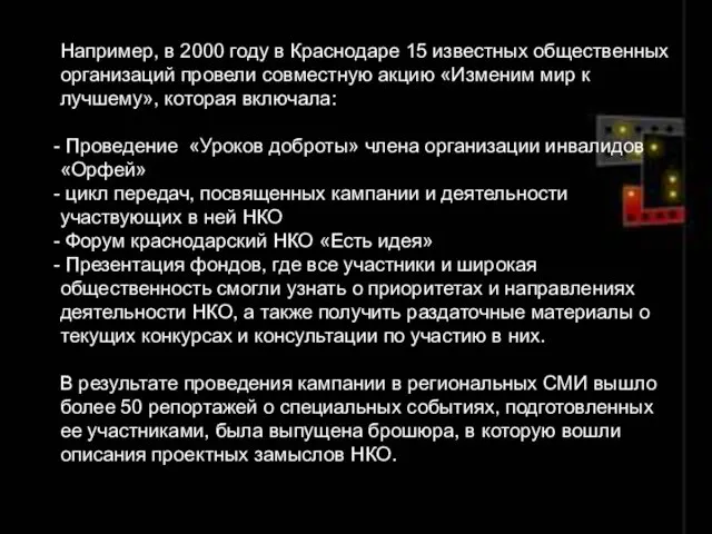 Например, в 2000 году в Краснодаре 15 известных общественных организаций