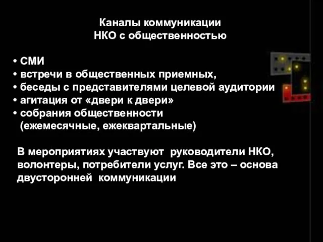 Каналы коммуникации НКО с общественностью СМИ встречи в общественных приемных,