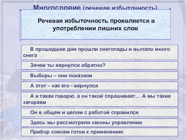 Многословие (речевая избыточность) В прошедшие дни прошли снегопады и выпало