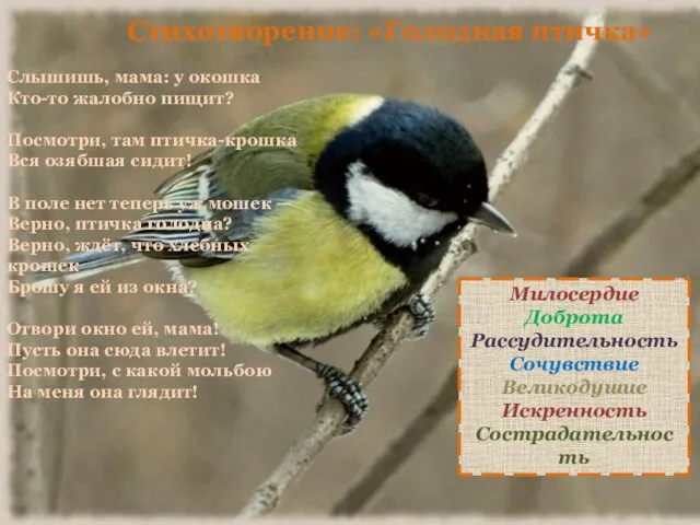 Слышишь, мама: у окошка Кто-то жалобно пищит? Посмотри, там птичка-крошка Вся озябшая сидит!