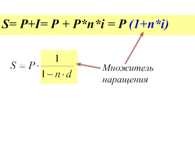 Множитель наращения S= P+I= Р + P*n*i = P (1+n*i)