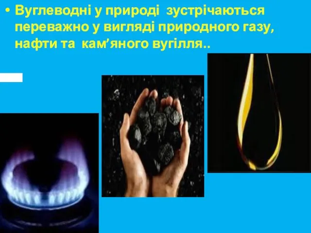 Вуглеводні у природі зустрічаються переважно у вигляді природного газу, нафти та кам’яного вугілля..