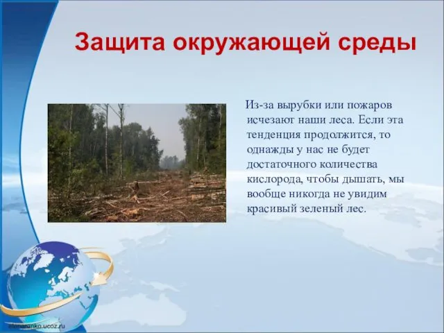 Защита окружающей среды Из-за вырубки или пожаров исчезают наши леса.