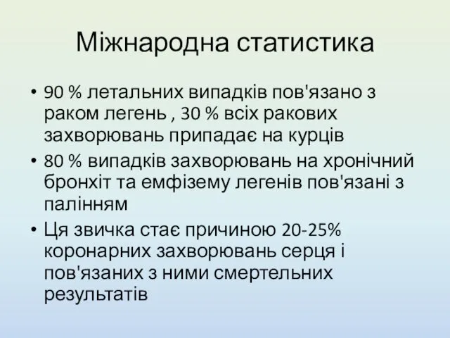 Міжнародна статистика 90 % летальних випадків пов'язано з раком легень , 30 %