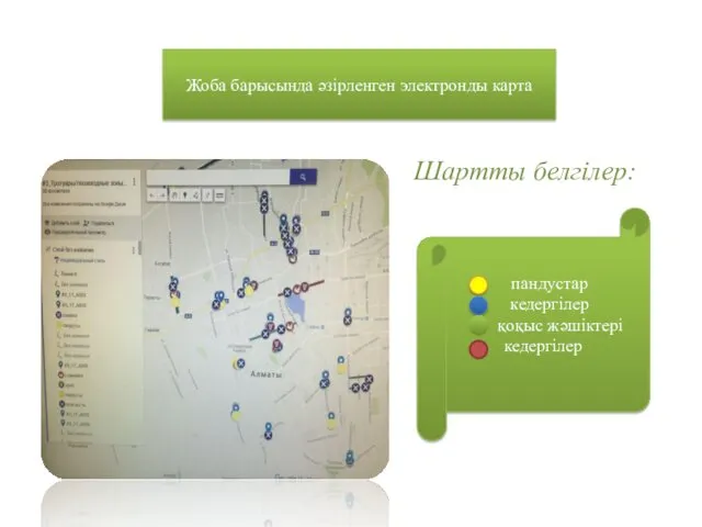 Жоба барысында әзірленген электронды карта Шартты белгілер: пандустар кедергілер қоқыс жәшіктері кедергілер
