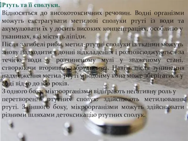 Ртуть та її сполуки. Відносяться до високотоксичних речовин. Водні організми