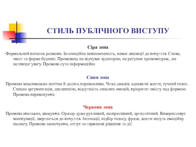 СТИЛЬ ПУБЛІЧНОГО ВИСТУПУ Сіра зона Формальний початок розмови. Інтонаційна невизначеність,