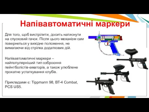 Напівавтоматичні маркери Для того, щоб вистрілити, досить натиснути на спусковий