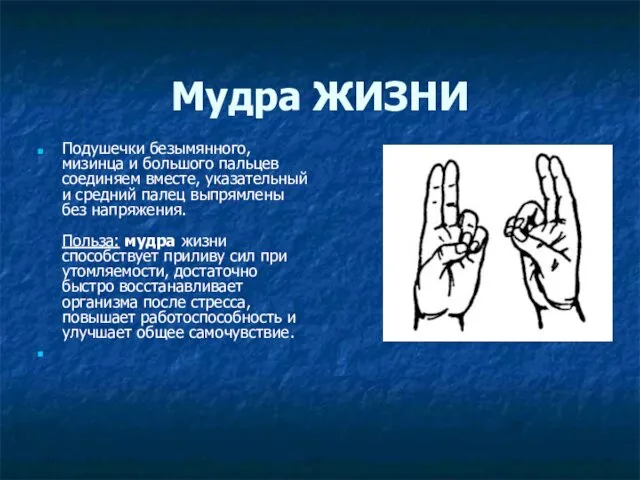 Мудра ЖИЗНИ Подушечки безымянного, мизинца и большого пальцев соединяем вместе,