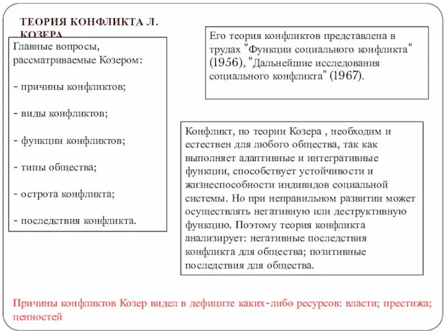 ТЕОРИЯ КОНФЛИКТА Л. КОЗЕРА Его теория конфликтов представлена в трудах