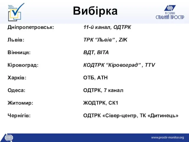 Вибірка Дніпропетровськ: 11-й канал, ОДТРК Львів: ТРК “Львів” , ZIK