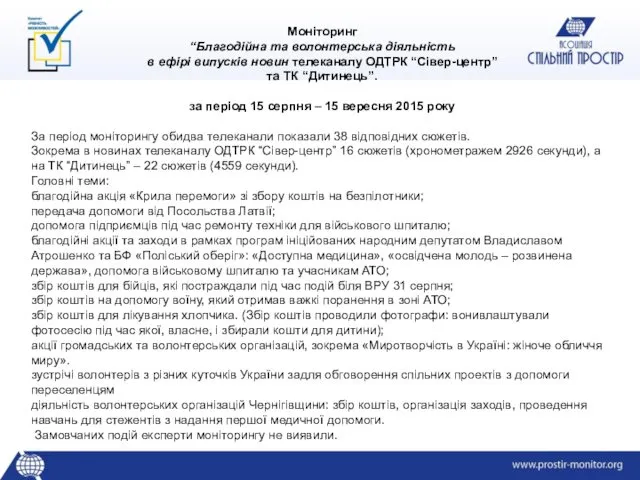 Моніторинг “Благодійна та волонтерська діяльність в ефірі випусків новин телеканалу