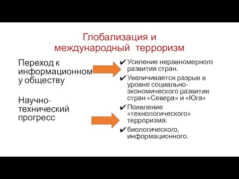 Глобализация и международный терроризм Переход к информационному обществу Научно-технический прогресс