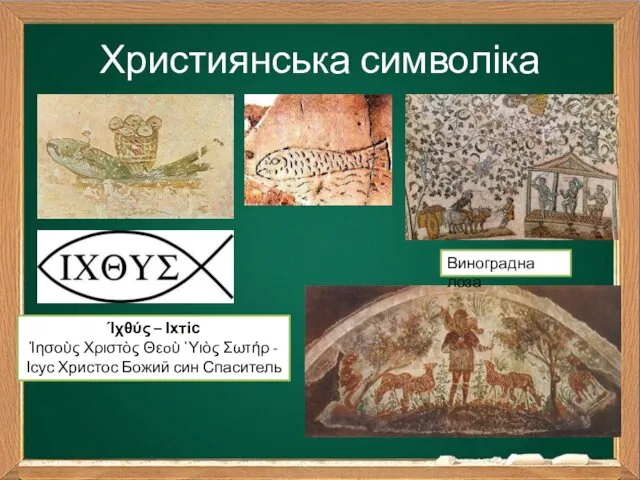 Християнська символіка Виноградна лоза Ίχθύς – Іхтіс Ἰησοὺς Χριστὸς Θεoὺ